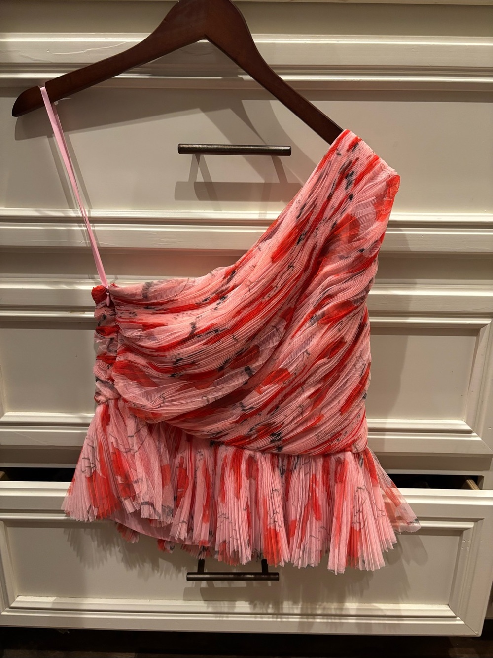Hutch Pink & Red One-Shoulder Pleated Top
